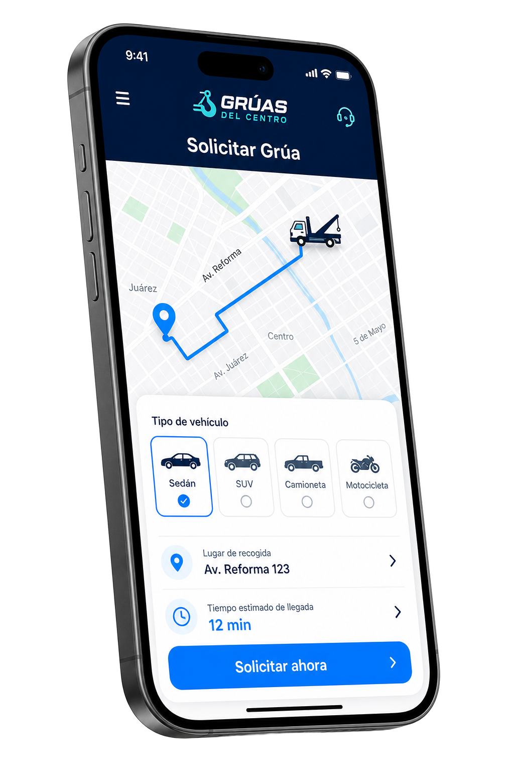 App Grúas del Centro mostrando el flujo para solicitar una grúa